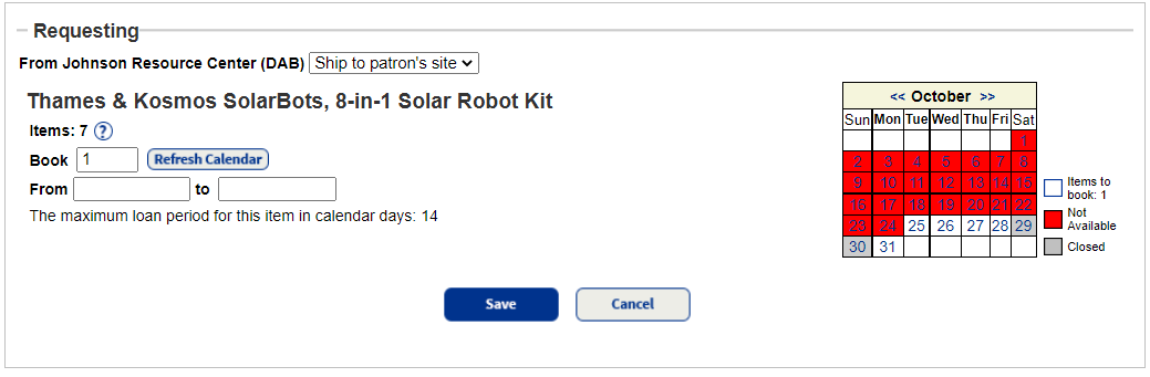 Advance Booking page from a patron's site.